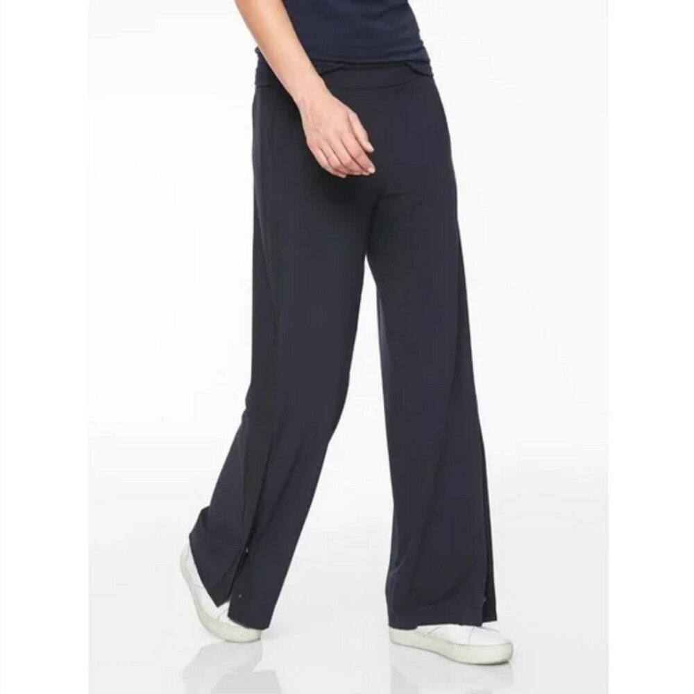 Athleta Navy Wide Leg Track Pants with Black Stripe, Sz 6